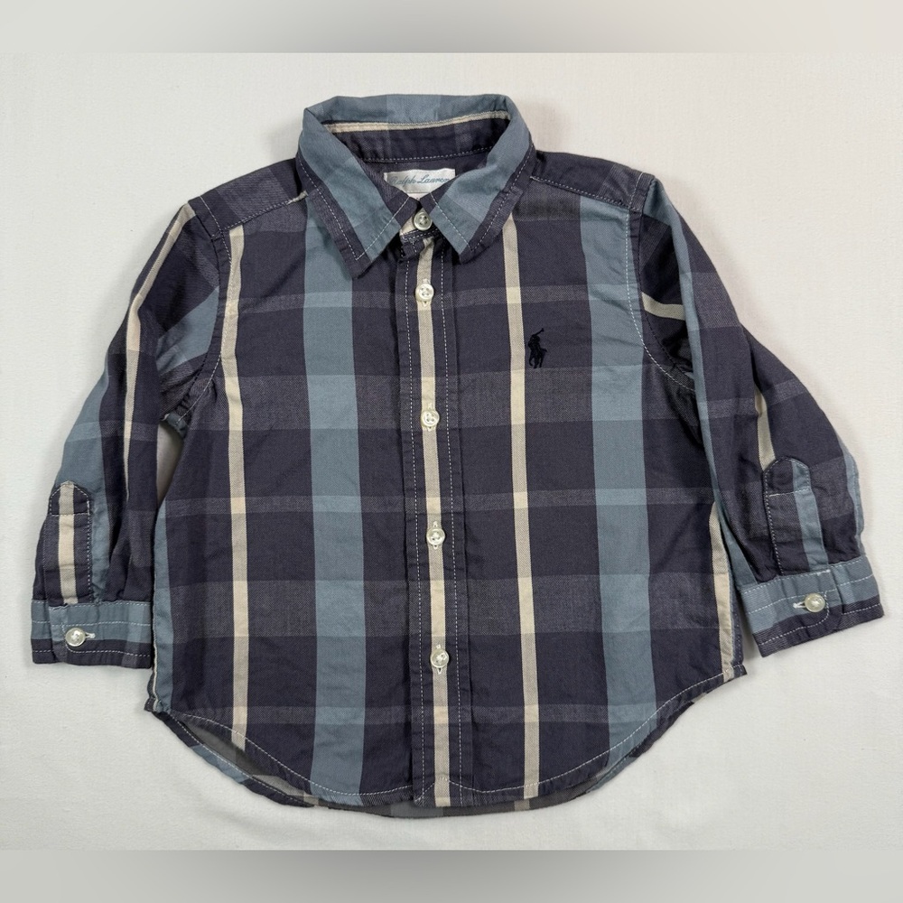 RALPH LAUREN Baby Boys' Slate Blue Plaid Striped Long Sleeve Button Down Size 9M